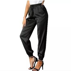 Allegra K Women's Drawstring Elastic Waist Ankle Length Satin Joggers Black XL
